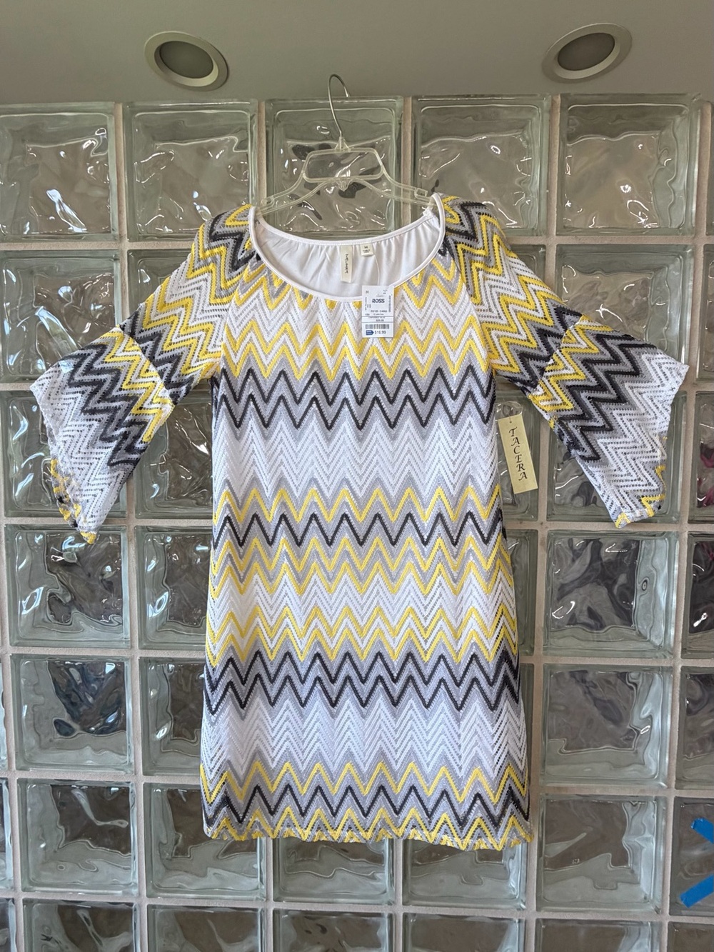 Tacera Yellow, Gray & White Zigzag Knit Dress